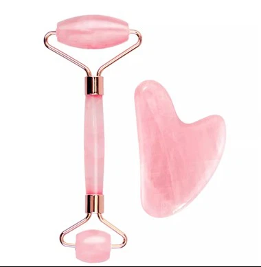 Dvostruki Rose Quartz Jade Roller And Gua Sha Set